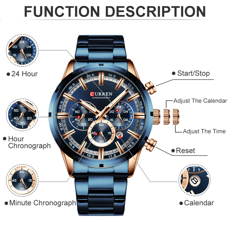 CURREN Men Watch Top Brand Luxury Sports Quartz Mens Watches Full Steel Waterproof Chronograph Wristwatch