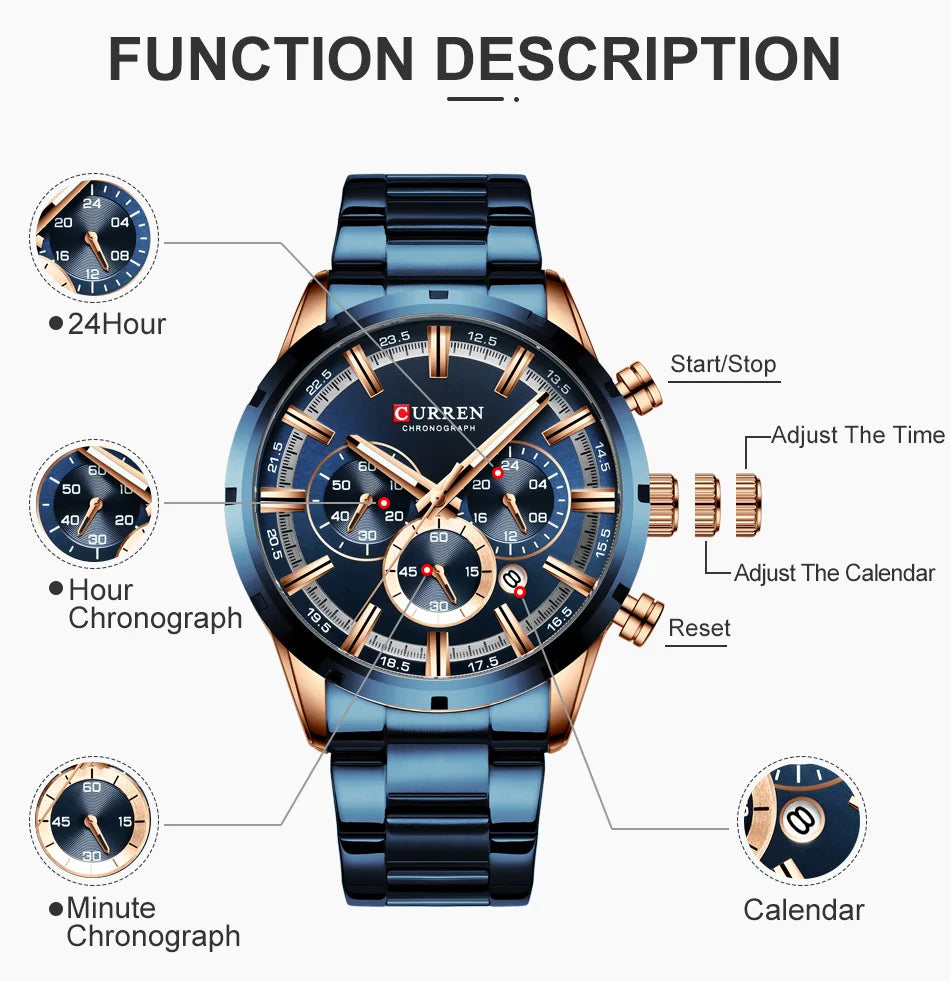 CURREN Men Watch Top Brand Luxury Sports Quartz Mens Watches Full Steel Waterproof Chronograph Wristwatch