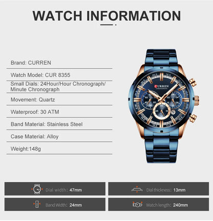 CURREN Men Watch Top Brand Luxury Sports Quartz Mens Watches Full Steel Waterproof Chronograph Wristwatch