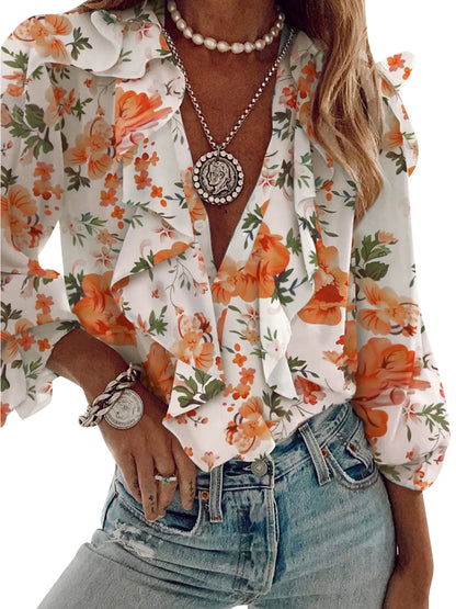 Women's Long-sleeved V-neck Design Solid Color+Various Print Spring And Autumn Chiffon New Fashion Casual Long-sleeved Top