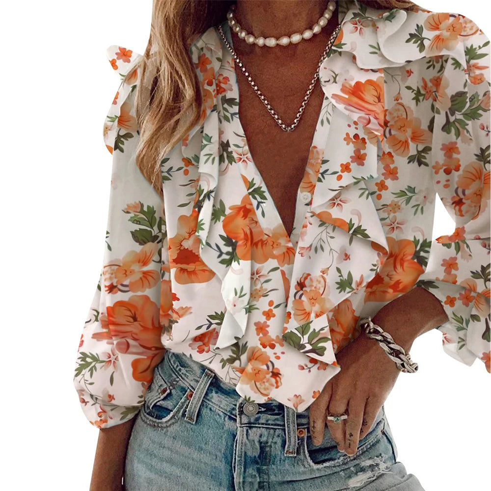 Women's Long-sleeved V-neck Design Solid Color+Various Print Spring And Autumn Chiffon New Fashion Casual Long-sleeved Top