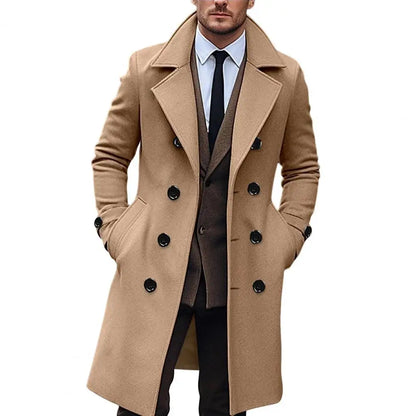 Men Long Woolen Coat Lapel Long Sleeve Solid Color Windbreaker Pockets Double Breasted Solid Color Mid-length Outwear