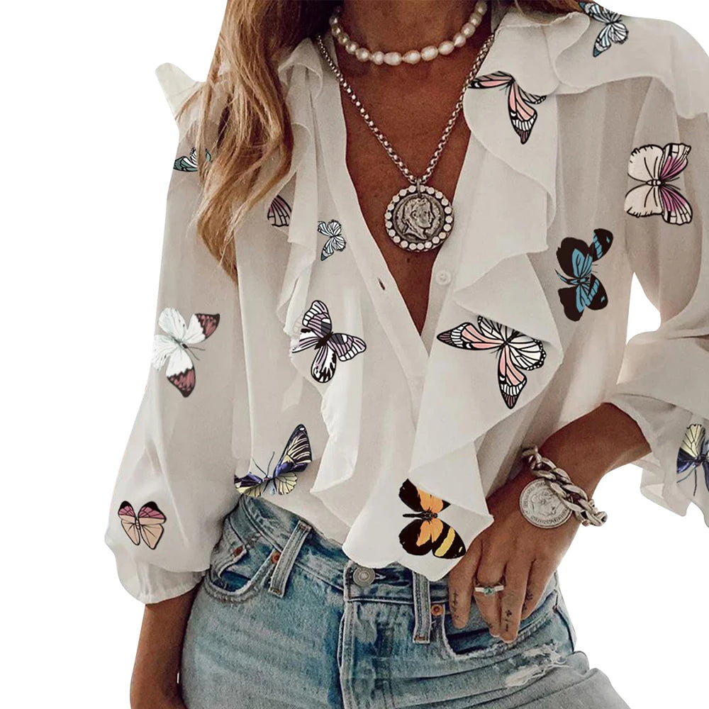 Women's Long-sleeved V-neck Design Solid Color+Various Print Spring And Autumn Chiffon New Fashion Casual Long-sleeved Top