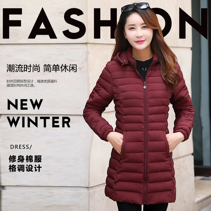 Women Winter Down Cotton Jacket Parka Slim Hooded Quilted Coat Warm Madam Fashion Thicken Outerwear Solid Color Loose Clothing