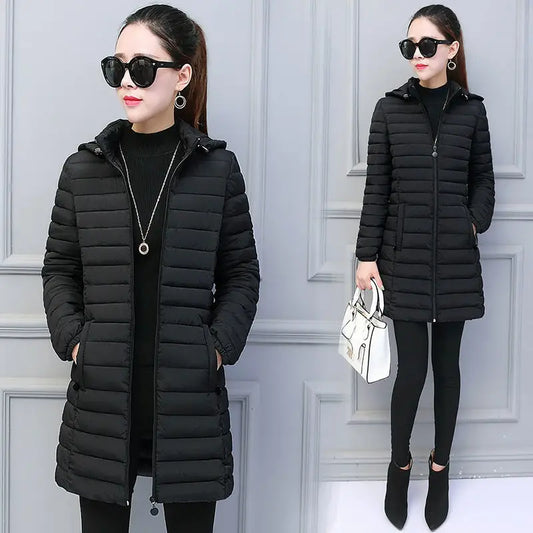 Women Winter Down Cotton Jacket Parka Slim Hooded Quilted Coat Warm Madam Fashion Thicken Outerwear Solid Color Loose Clothing