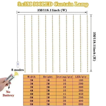 New Year 2025 USB Curtain String Fairy Lights 8 Mode 6/3M LED Christmas Garland Remote For Party ,Garden Home ,Wedding Decoration