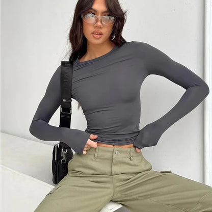 Women Casual Long Sleeve T-Shirts Spring Autumn Solid Slim Fit Pullovers Tees Shirts Female Streetwear Base Tees Tops  Casual