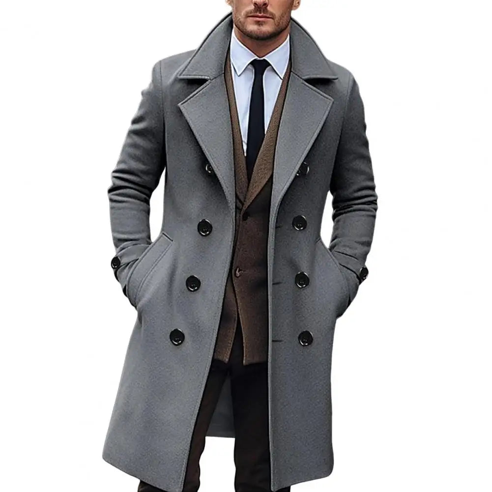 Men Long Woolen Coat Lapel Long Sleeve Solid Color Windbreaker Pockets Double Breasted Solid Color Mid-length Outwear