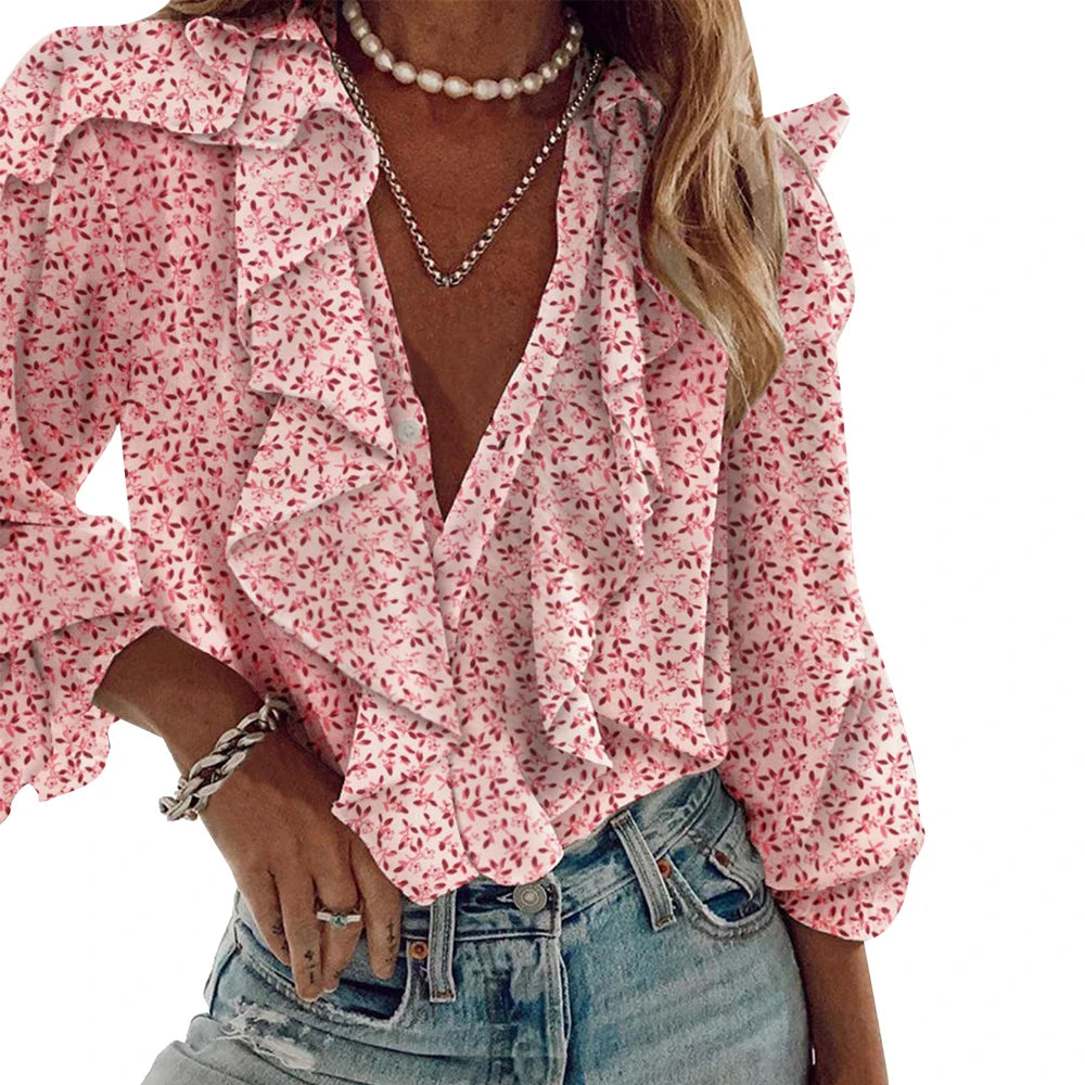 Women's Long-sleeved V-neck Design Solid Color+Various Print Spring And Autumn Chiffon New Fashion Casual Long-sleeved Top