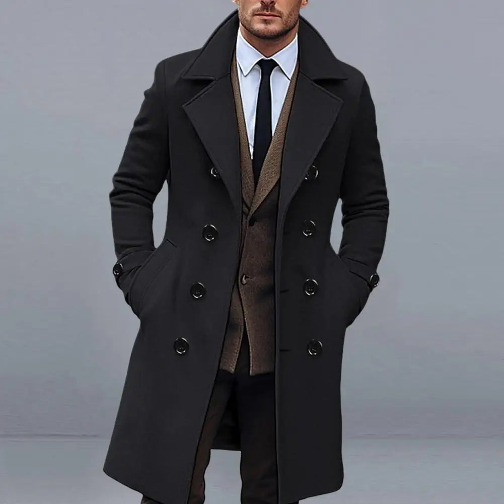 Men Long Woolen Coat Lapel Long Sleeve Solid Color Windbreaker Pockets Double Breasted Solid Color Mid-length Outwear