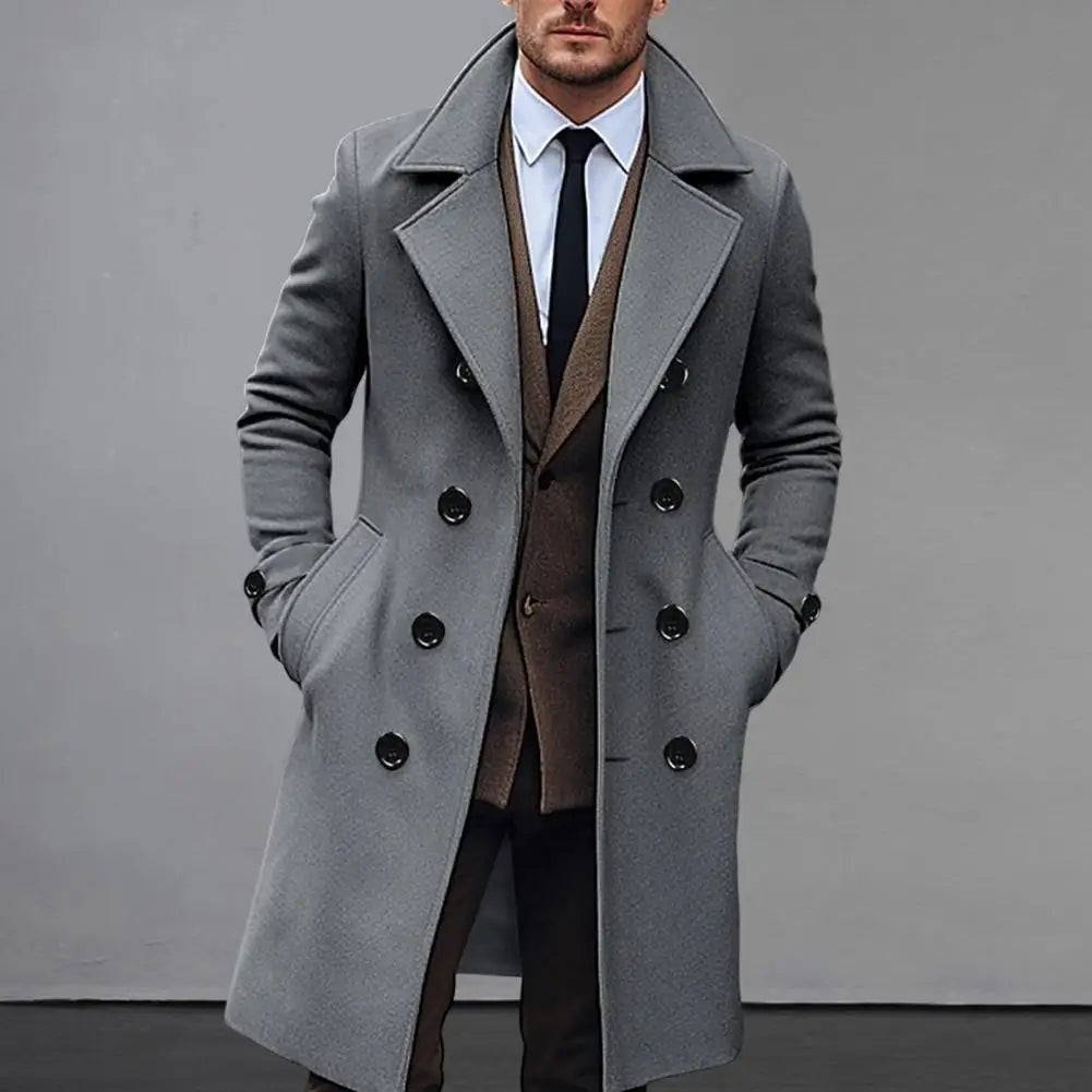 Men Long Woolen Coat Lapel Long Sleeve Solid Color Windbreaker Pockets Double Breasted Solid Color Mid-length Outwear