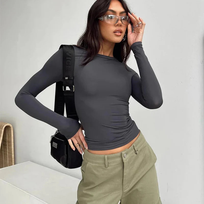 Women Casual Long Sleeve T-Shirts Spring Autumn Solid Slim Fit Pullovers Tees Shirts Female Streetwear Base Tees Tops  Casual