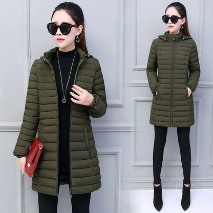 Women Winter Down Cotton Jacket Parka Slim Hooded Quilted Coat Warm Madam Fashion Thicken Outerwear Solid Color Loose Clothing