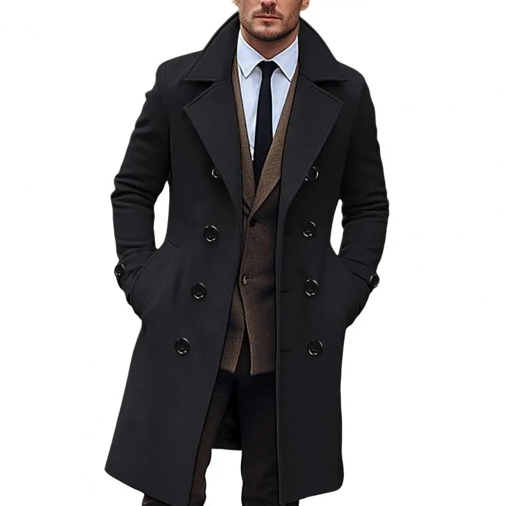 Men Long Woolen Coat Lapel Long Sleeve Solid Color Windbreaker Pockets Double Breasted Solid Color Mid-length Outwear